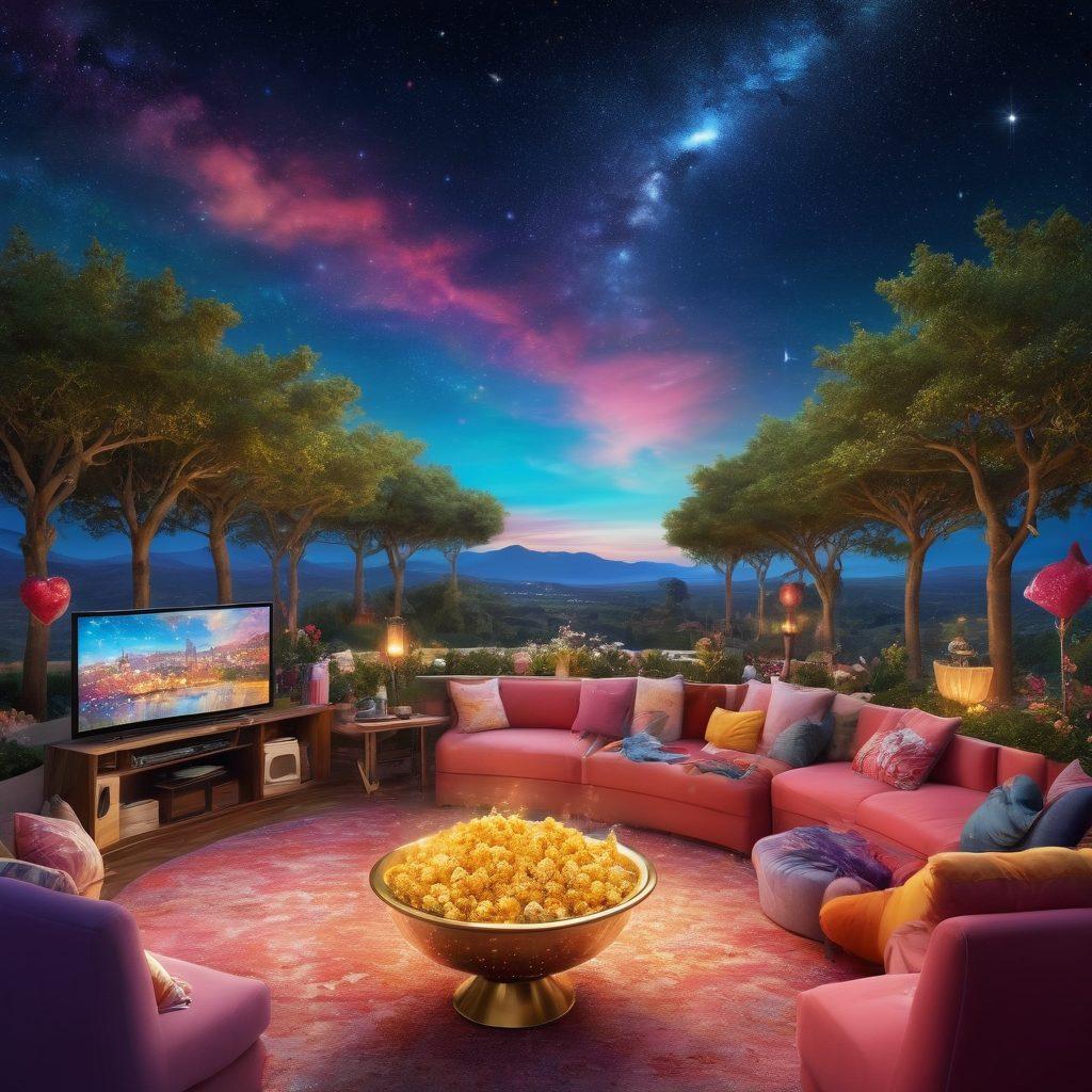 A vibrant, glowing roadmap winding through a colorful landscape filled with iconic symbols of Star Plus reality shows, like glamorous trophies and heart-shaped clouds. In the foreground, a diverse group of enthusiastic fans watching TV, surrounded by popcorn and excitement, celebrating their favorite moments. The background depicts a starry night sky with shimmering stars representing triumph and dreams. super-realistic. vibrant colors. digital art.