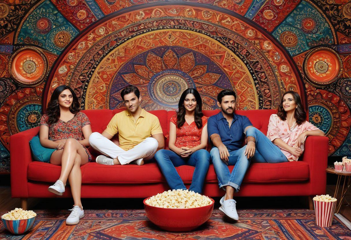 A vibrant collage showcasing iconic characters and scenes from popular Star Plus dramas and reality shows, set against a colorful backdrop filled with vibrant Indian motifs and patterns. Include elements like a television screen, popcorn, and a cozy couch to evoke the binge-watching experience. Highlight emotions of drama and excitement with expressive facial features and dynamic poses. super-realistic. vibrant colors. collage.