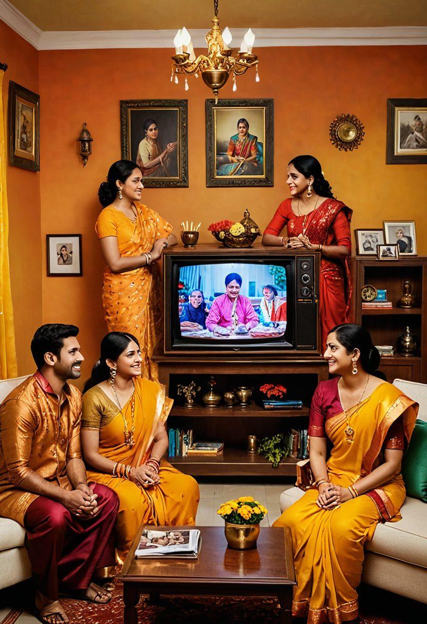 A vibrant collage depicting a family gathered around a television in a cozy living room, watching a variety of Star Plus shows, featuring dramatic scenes, colorful seasonal decorations and expressive emotions. Incorporate elements of iconic Indian culture like traditional clothing and décor. Emphasize warmth and connection, with colorful visual storytelling in the background. super-realistic. vibrant colors.